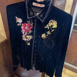 Johnny Was Black Floral Embroidered Button Down Shirt